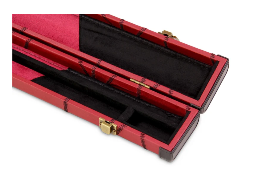 Full length burgundy one-piece cue case with black stitching