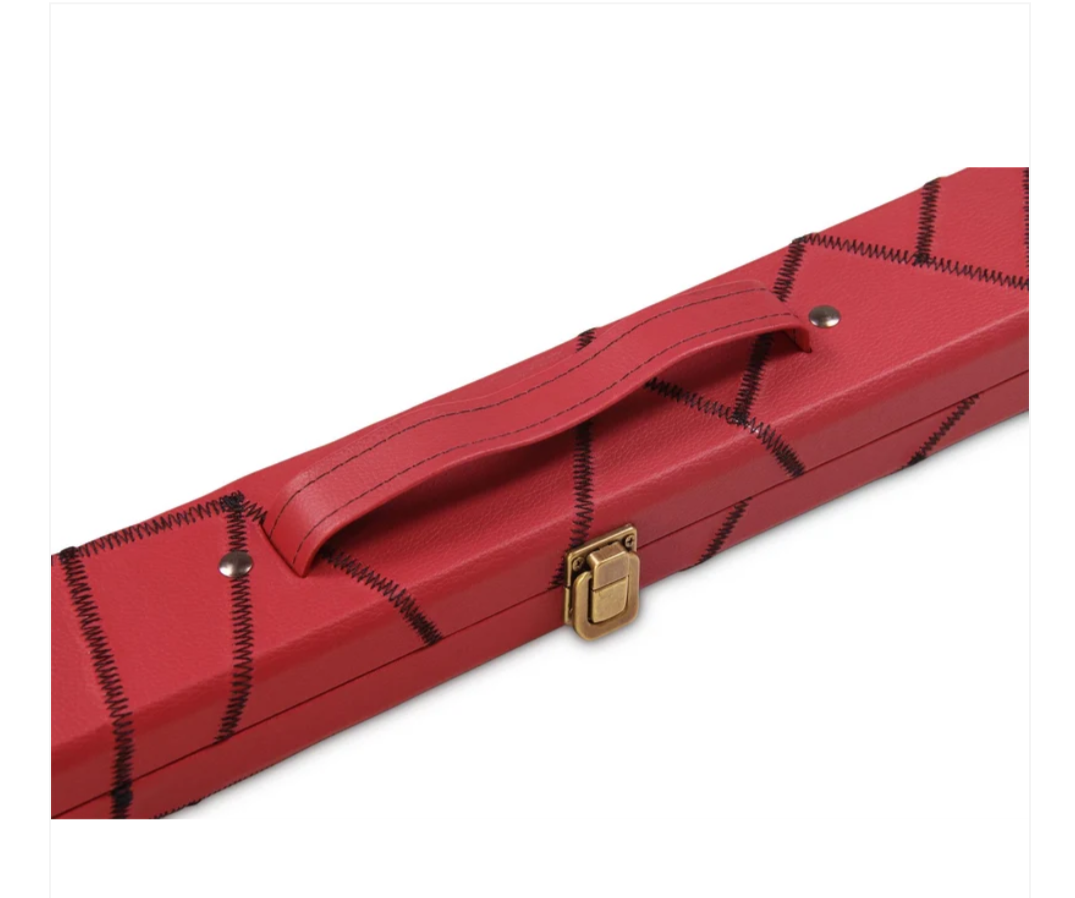Burgundy cue case handle and latch detail