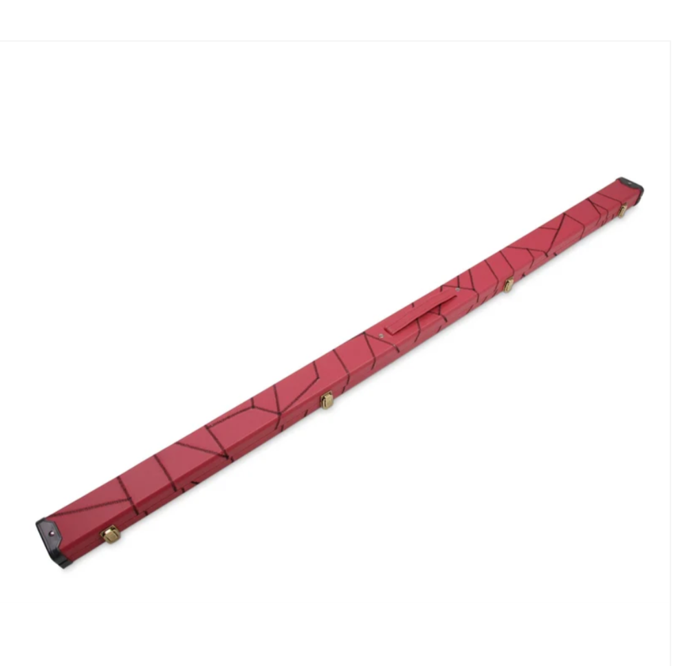 Burgundy cue case open showing black interior and cue compartments