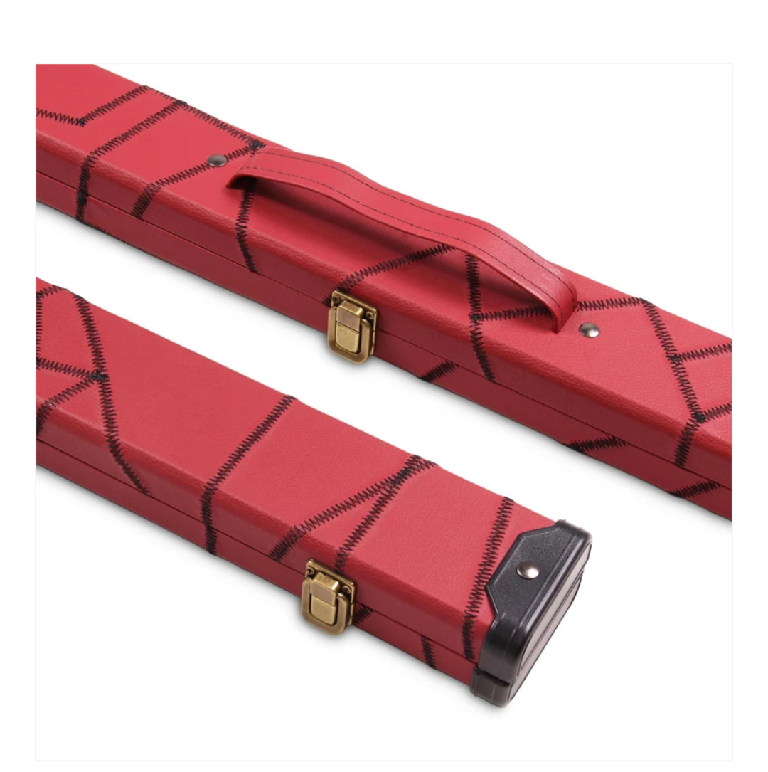 Burgundy one-piece two-slot cue case with black crazy stitching