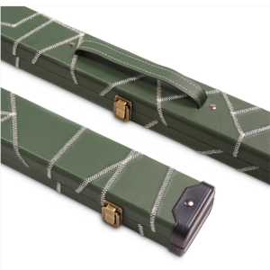 Green one-piece two-slot cue case with white crazy stitching